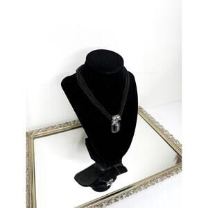 Beautiful Vintage Square Black Cat Eye and Silver Necklace Pendant